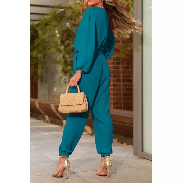 imagePRETTYGARDEN Womens 2024 Fall Jumpsuits Casual Dressy One Piece Outfits V Neck Long Sleeve Belt Pockets Long Pants RomperLake Blue