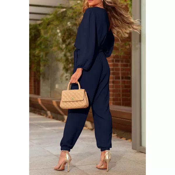 imagePRETTYGARDEN Womens 2024 Fall Jumpsuits Casual Dressy One Piece Outfits V Neck Long Sleeve Belt Pockets Long Pants RomperNavy