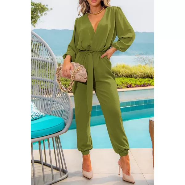 imagePRETTYGARDEN Womens 2024 Fall Jumpsuits Casual Dressy One Piece Outfits V Neck Long Sleeve Belt Pockets Long Pants RomperOlive Green