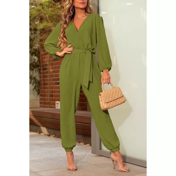 imagePRETTYGARDEN Womens 2024 Fall Jumpsuits Casual Dressy One Piece Outfits V Neck Long Sleeve Belt Pockets Long Pants RomperOlive Green
