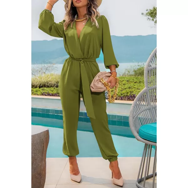 imagePRETTYGARDEN Womens 2024 Fall Jumpsuits Casual Dressy One Piece Outfits V Neck Long Sleeve Belt Pockets Long Pants RomperOlive Green