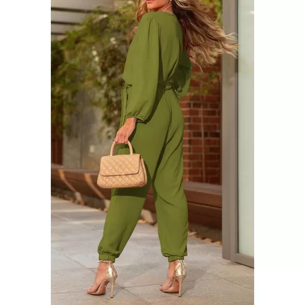imagePRETTYGARDEN Womens 2024 Fall Jumpsuits Casual Dressy One Piece Outfits V Neck Long Sleeve Belt Pockets Long Pants RomperOlive Green