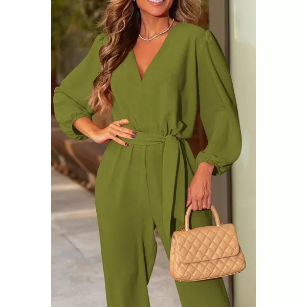 imagePRETTYGARDEN Womens 2024 Fall Jumpsuits Casual Dressy One Piece Outfits V Neck Long Sleeve Belt Pockets Long Pants RomperOlive Green