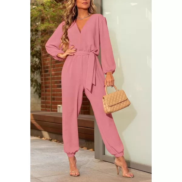 imagePRETTYGARDEN Womens 2024 Fall Jumpsuits Casual Dressy One Piece Outfits V Neck Long Sleeve Belt Pockets Long Pants RomperPink