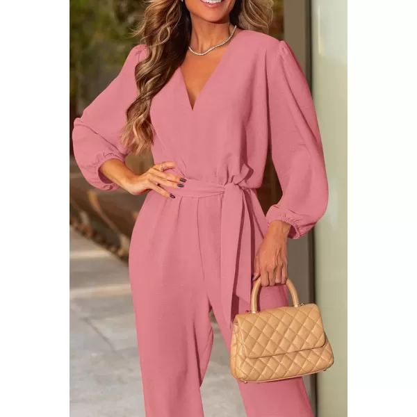 imagePRETTYGARDEN Womens 2024 Fall Jumpsuits Casual Dressy One Piece Outfits V Neck Long Sleeve Belt Pockets Long Pants RomperPink