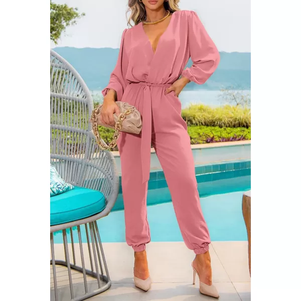 imagePRETTYGARDEN Womens 2024 Fall Jumpsuits Casual Dressy One Piece Outfits V Neck Long Sleeve Belt Pockets Long Pants RomperPink