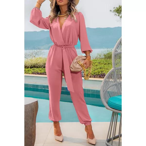 imagePRETTYGARDEN Womens 2024 Fall Jumpsuits Casual Dressy One Piece Outfits V Neck Long Sleeve Belt Pockets Long Pants RomperPink