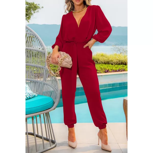 imagePRETTYGARDEN Womens 2024 Fall Jumpsuits Casual Dressy One Piece Outfits V Neck Long Sleeve Belt Pockets Long Pants RomperRed