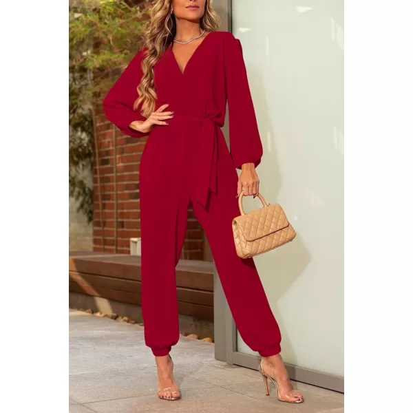 imagePRETTYGARDEN Womens 2024 Fall Jumpsuits Casual Dressy One Piece Outfits V Neck Long Sleeve Belt Pockets Long Pants RomperRed