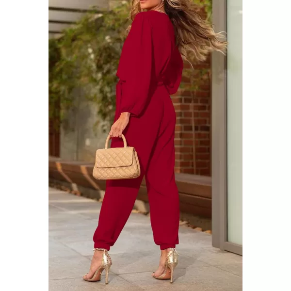 imagePRETTYGARDEN Womens 2024 Fall Jumpsuits Casual Dressy One Piece Outfits V Neck Long Sleeve Belt Pockets Long Pants RomperRed