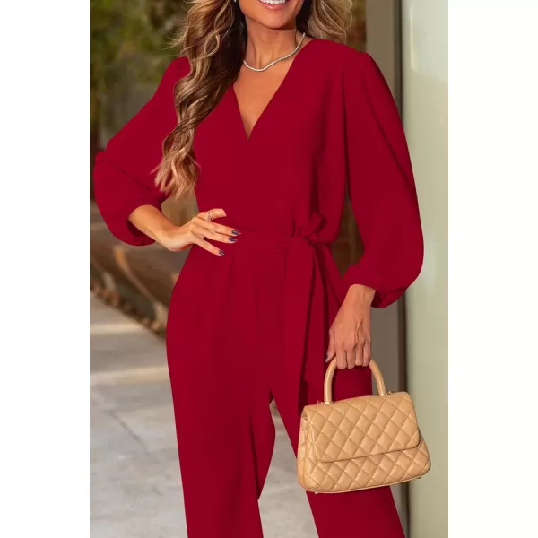 imagePRETTYGARDEN Womens 2024 Fall Jumpsuits Casual Dressy One Piece Outfits V Neck Long Sleeve Belt Pockets Long Pants RomperRed
