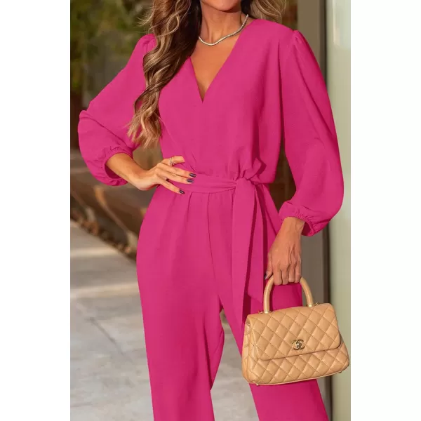 imagePRETTYGARDEN Womens 2024 Fall Jumpsuits Casual Dressy One Piece Outfits V Neck Long Sleeve Belt Pockets Long Pants RomperRose Red
