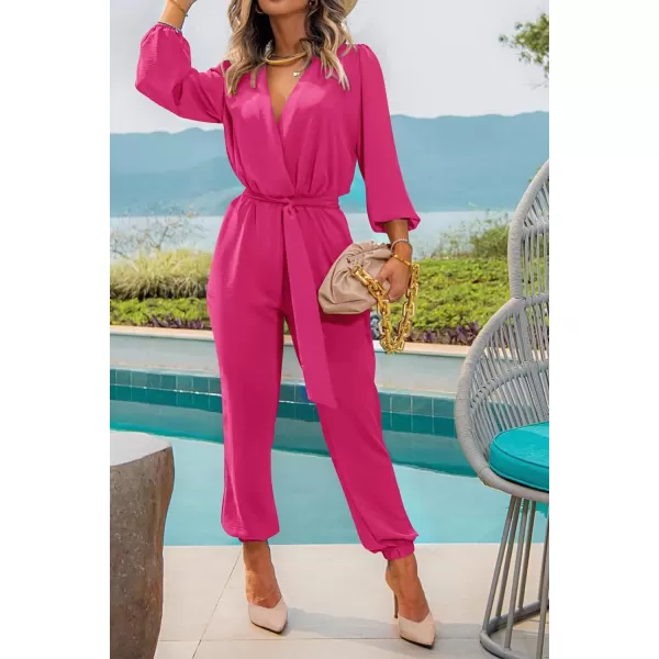 imagePRETTYGARDEN Womens 2024 Fall Jumpsuits Casual Dressy One Piece Outfits V Neck Long Sleeve Belt Pockets Long Pants RomperRose Red