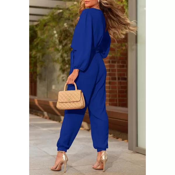 imagePRETTYGARDEN Womens 2024 Fall Jumpsuits Casual Dressy One Piece Outfits V Neck Long Sleeve Belt Pockets Long Pants RomperRoyal Blue