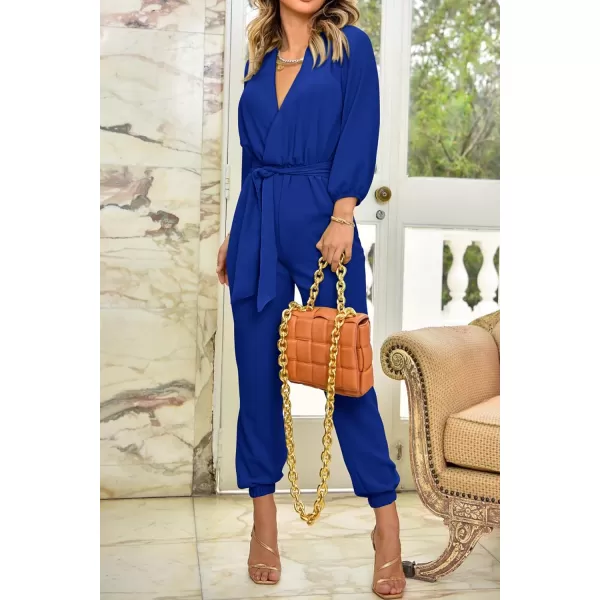 imagePRETTYGARDEN Womens 2024 Fall Jumpsuits Casual Dressy One Piece Outfits V Neck Long Sleeve Belt Pockets Long Pants RomperRoyal Blue