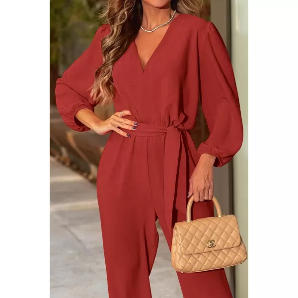 imagePRETTYGARDEN Womens 2024 Fall Jumpsuits Casual Dressy One Piece Outfits V Neck Long Sleeve Belt Pockets Long Pants RomperRust Red