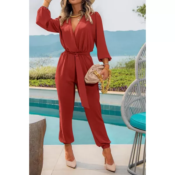 imagePRETTYGARDEN Womens 2024 Fall Jumpsuits Casual Dressy One Piece Outfits V Neck Long Sleeve Belt Pockets Long Pants RomperRust Red
