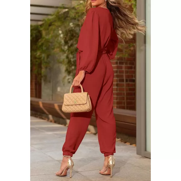 imagePRETTYGARDEN Womens 2024 Fall Jumpsuits Casual Dressy One Piece Outfits V Neck Long Sleeve Belt Pockets Long Pants RomperRust Red