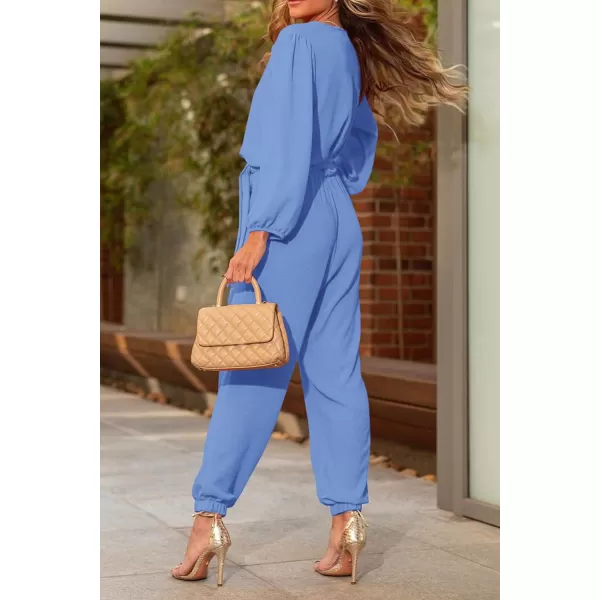 imagePRETTYGARDEN Womens 2024 Fall Jumpsuits Casual Dressy One Piece Outfits V Neck Long Sleeve Belt Pockets Long Pants RomperSky Blue