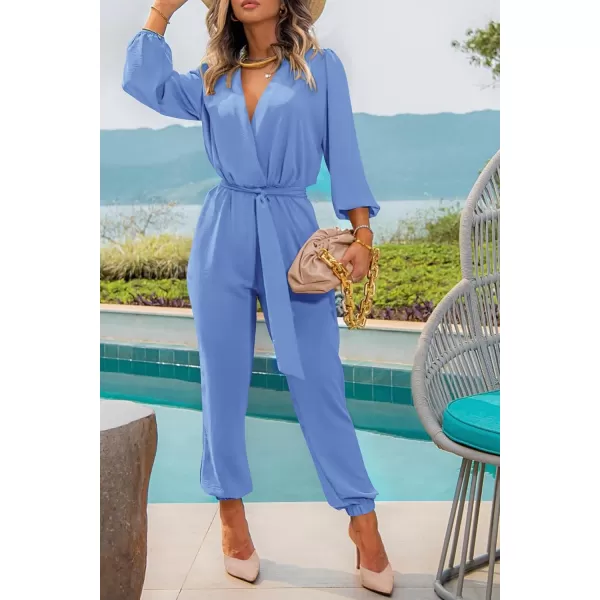imagePRETTYGARDEN Womens 2024 Fall Jumpsuits Casual Dressy One Piece Outfits V Neck Long Sleeve Belt Pockets Long Pants RomperSky Blue
