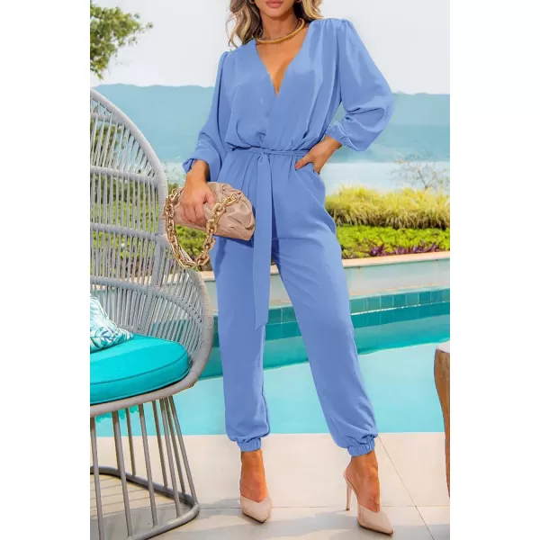 imagePRETTYGARDEN Womens 2024 Fall Jumpsuits Casual Dressy One Piece Outfits V Neck Long Sleeve Belt Pockets Long Pants RomperSky Blue
