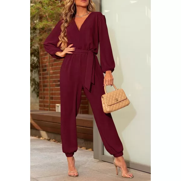 imagePRETTYGARDEN Womens 2024 Fall Jumpsuits Casual Dressy One Piece Outfits V Neck Long Sleeve Belt Pockets Long Pants RomperWine Red