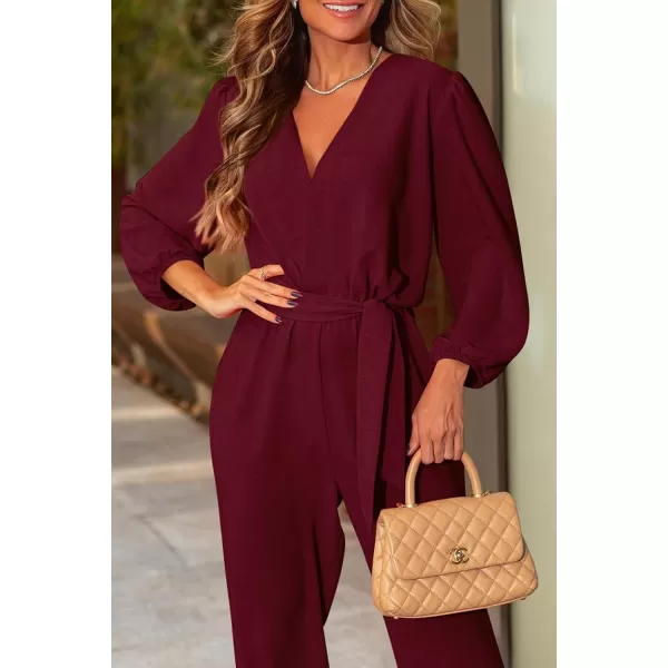 imagePRETTYGARDEN Womens 2024 Fall Jumpsuits Casual Dressy One Piece Outfits V Neck Long Sleeve Belt Pockets Long Pants RomperWine Red