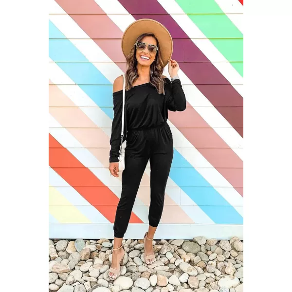imagePRETTYGARDEN Womens Casual Long Sleeve Jumpsuit Crewneck One Off Shoulder Elastic Waist Stretchy RomperAblack