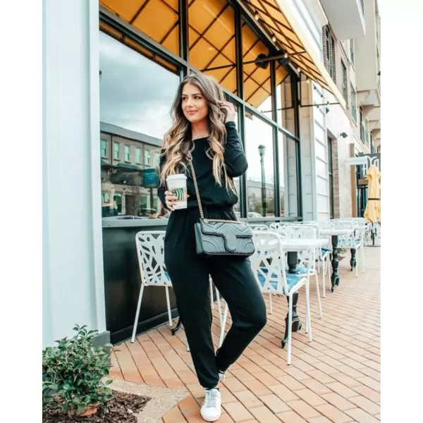 imagePRETTYGARDEN Womens Casual Long Sleeve Jumpsuit Crewneck One Off Shoulder Elastic Waist Stretchy RomperAblack
