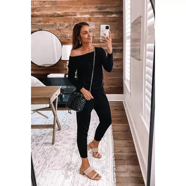 imagePRETTYGARDEN Womens Casual Long Sleeve Jumpsuit Crewneck One Off Shoulder Elastic Waist Stretchy RomperAblack