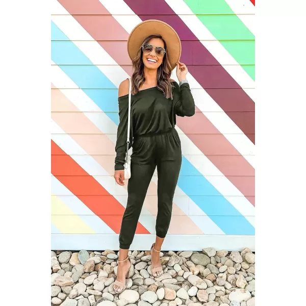 imagePRETTYGARDEN Womens Casual Long Sleeve Jumpsuit Crewneck One Off Shoulder Elastic Waist Stretchy RomperArmy Green