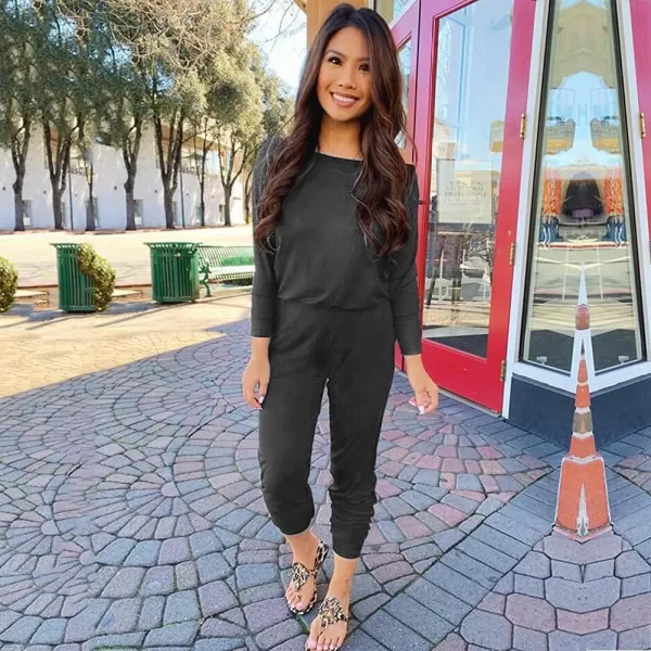 imagePRETTYGARDEN Womens Casual Long Sleeve Jumpsuit Crewneck One Off Shoulder Elastic Waist Stretchy RomperBlack Grey
