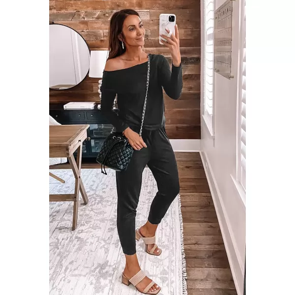 imagePRETTYGARDEN Womens Casual Long Sleeve Jumpsuit Crewneck One Off Shoulder Elastic Waist Stretchy RomperBlack Grey