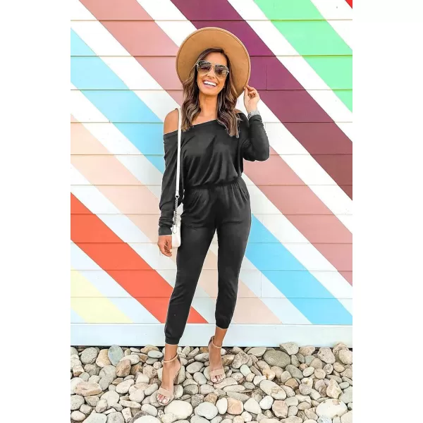 imagePRETTYGARDEN Womens Casual Long Sleeve Jumpsuit Crewneck One Off Shoulder Elastic Waist Stretchy RomperBlack Grey