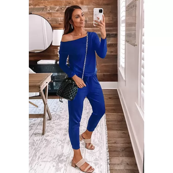 imagePRETTYGARDEN Womens Casual Long Sleeve Jumpsuit Crewneck One Off Shoulder Elastic Waist Stretchy RomperBlue