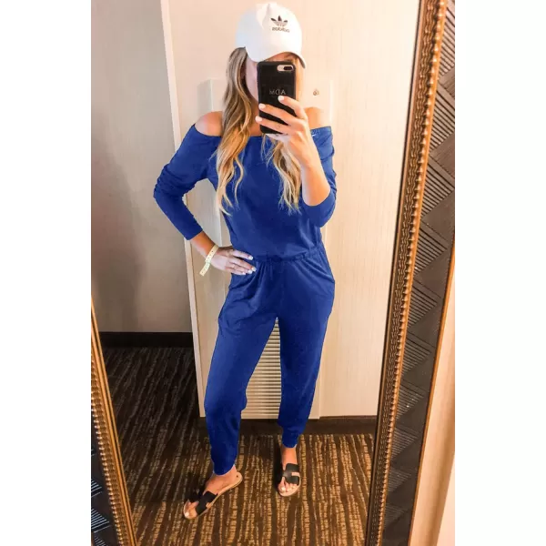 imagePRETTYGARDEN Womens Casual Long Sleeve Jumpsuit Crewneck One Off Shoulder Elastic Waist Stretchy RomperBlue