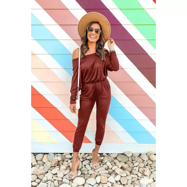 imagePRETTYGARDEN Womens Casual Long Sleeve Jumpsuit Crewneck One Off Shoulder Elastic Waist Stretchy RomperBrick Red
