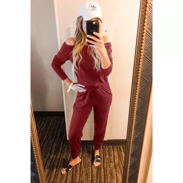 imagePRETTYGARDEN Womens Casual Long Sleeve Jumpsuit Crewneck One Off Shoulder Elastic Waist Stretchy RomperBrick Red