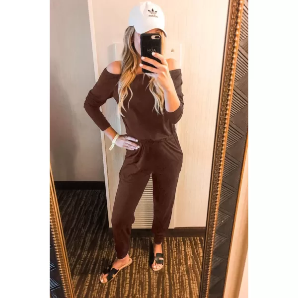 imagePRETTYGARDEN Womens Casual Long Sleeve Jumpsuit Crewneck One Off Shoulder Elastic Waist Stretchy RomperBrown