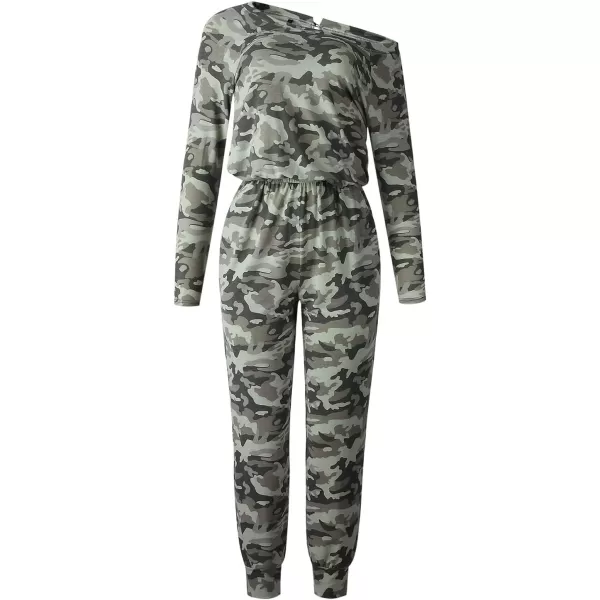 imagePRETTYGARDEN Womens Casual Long Sleeve Jumpsuit Crewneck One Off Shoulder Elastic Waist Stretchy RomperCamo