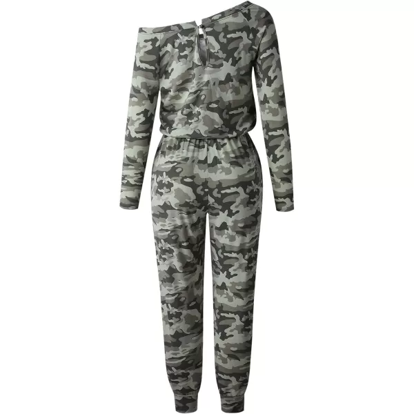 imagePRETTYGARDEN Womens Casual Long Sleeve Jumpsuit Crewneck One Off Shoulder Elastic Waist Stretchy RomperCamo