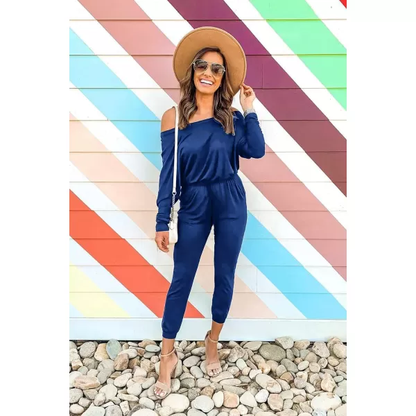 imagePRETTYGARDEN Womens Casual Long Sleeve Jumpsuit Crewneck One Off Shoulder Elastic Waist Stretchy RomperDark Blue