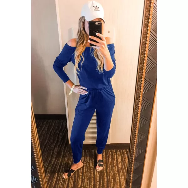 imagePRETTYGARDEN Womens Casual Long Sleeve Jumpsuit Crewneck One Off Shoulder Elastic Waist Stretchy RomperDark Blue