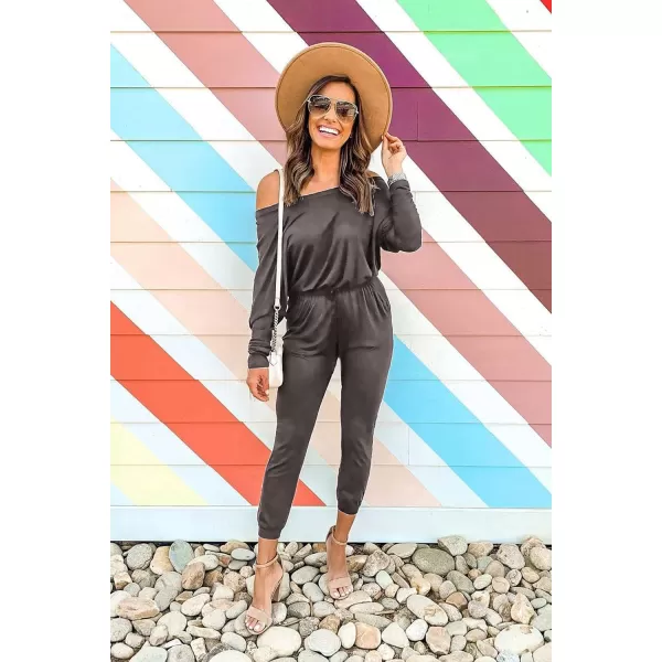 imagePRETTYGARDEN Womens Casual Long Sleeve Jumpsuit Crewneck One Off Shoulder Elastic Waist Stretchy RomperDark Grey