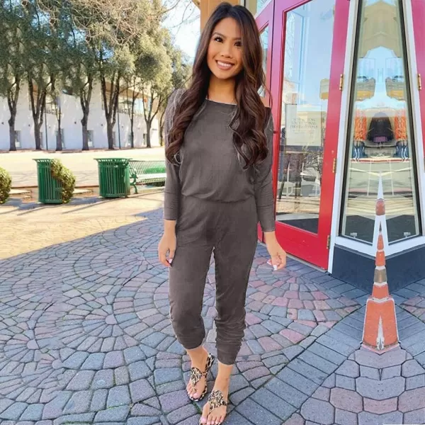 imagePRETTYGARDEN Womens Casual Long Sleeve Jumpsuit Crewneck One Off Shoulder Elastic Waist Stretchy RomperDark Grey