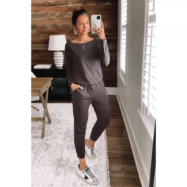 imagePRETTYGARDEN Womens Casual Long Sleeve Jumpsuit Crewneck One Off Shoulder Elastic Waist Stretchy RomperDark Grey