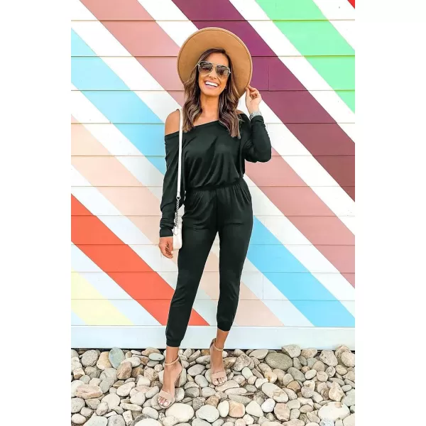 imagePRETTYGARDEN Womens Casual Long Sleeve Jumpsuit Crewneck One Off Shoulder Elastic Waist Stretchy RomperDeep Green