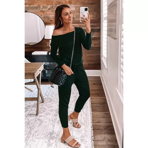 imagePRETTYGARDEN Womens Casual Long Sleeve Jumpsuit Crewneck One Off Shoulder Elastic Waist Stretchy RomperDeep Green