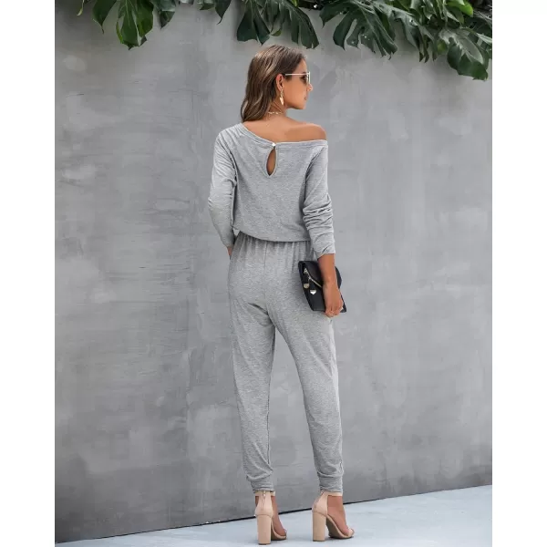 imagePRETTYGARDEN Womens Casual Long Sleeve Jumpsuit Crewneck One Off Shoulder Elastic Waist Stretchy RomperGrey