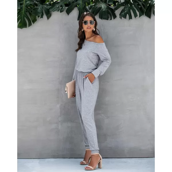 imagePRETTYGARDEN Womens Casual Long Sleeve Jumpsuit Crewneck One Off Shoulder Elastic Waist Stretchy RomperGrey
